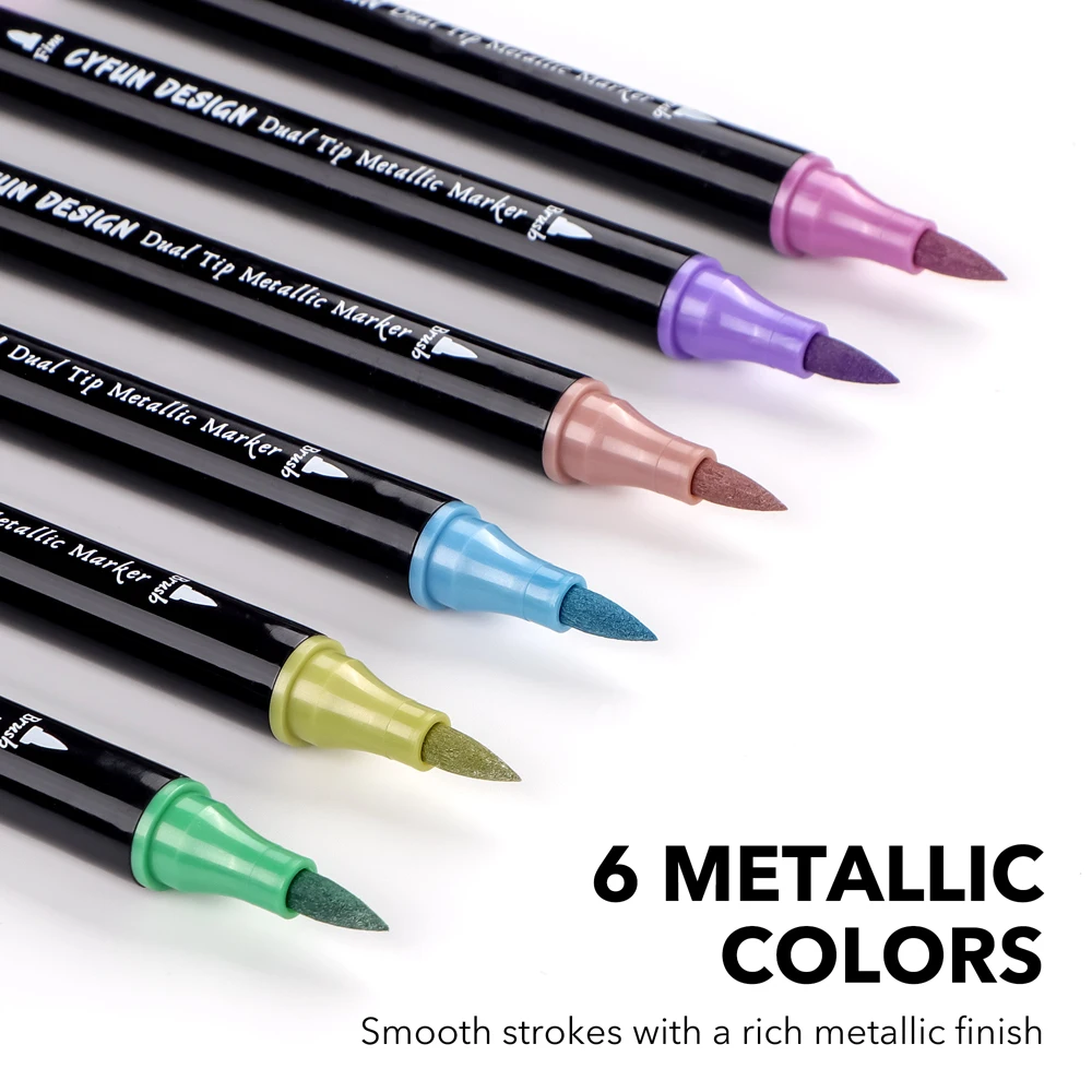 Dual-Tip Metallic Acrylic Markers 2 in1 Fine&Brush Tip Paint Pen for Black Paper,Rock Painting,Glass Craft,Card Making Scrapbook