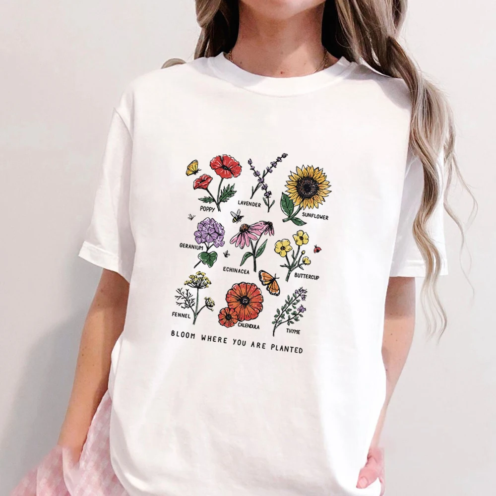 بلوم أين أنت مزروعة زهرة الجرافيك المحملة الصيف أزياء خمر العصرية Kawaii المتضخم المرأة تي شيرت قصيرة الأكمام