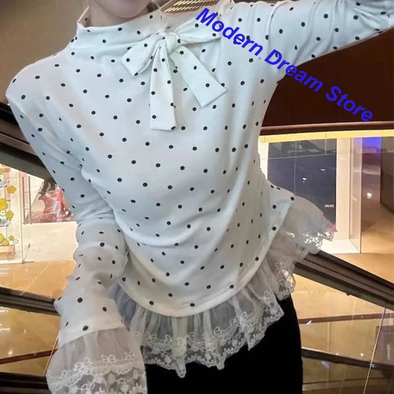 Hot girl French polka-dot lace stitching long-sleeved T-shirt with women's spring and autumn semi-high collar bottoming shirt