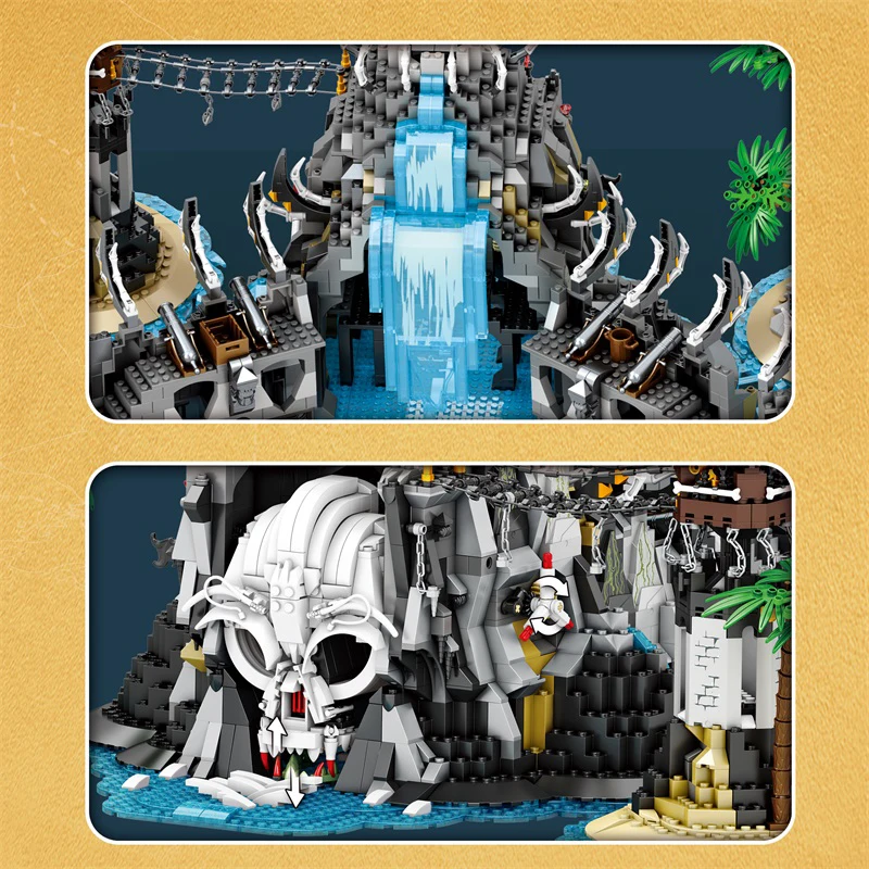 Reobrix – ensemble de blocs de construction d'île de crâne de Pirate Bay, scène de crique au trésor fantastique sombre, décor de modèle de Puzzle avancé pour adultes