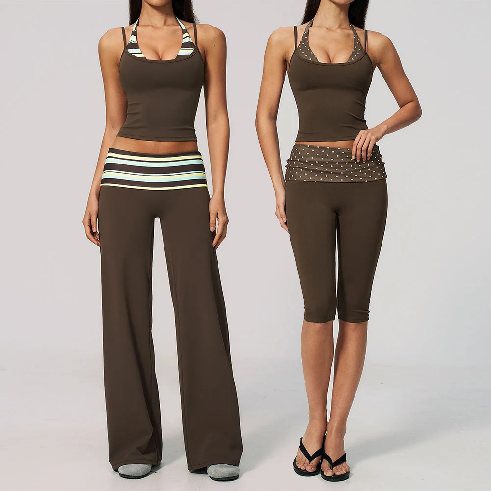Conjunto de Yoga Feminino de Verão 2 Peças: Agasalho Moderno com Poás e Listras, Roupas de Ginástica de Cintura Alta com Efeito Levanta Bumbum