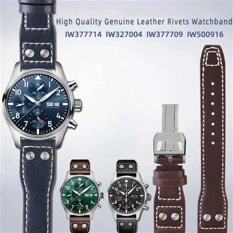 SCHIK 20 21 22mm Genuine Leather Rivets Watchband Fit For IWC Big Pilot Spitfire Brown Black Blue Cowhide Watch Strap