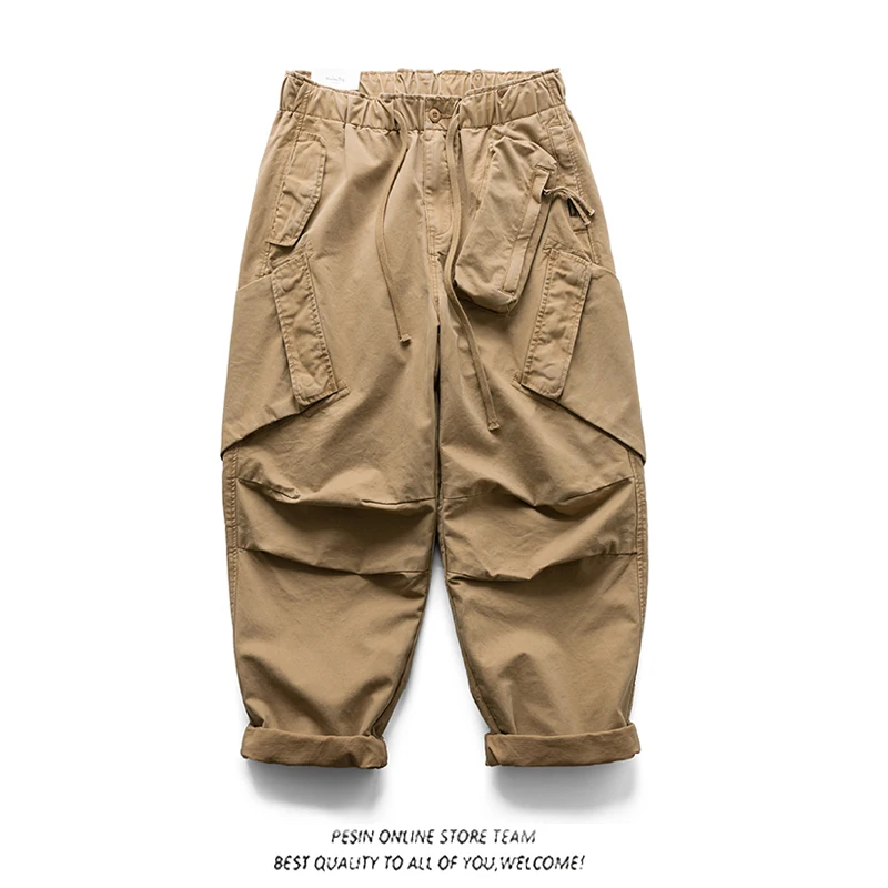 

Youwenle Trendy Brand Casual Workwear Pants Men's Vintage Washed Loose Fit Multi Pocket 3D Leisure Trousers City Boy Style