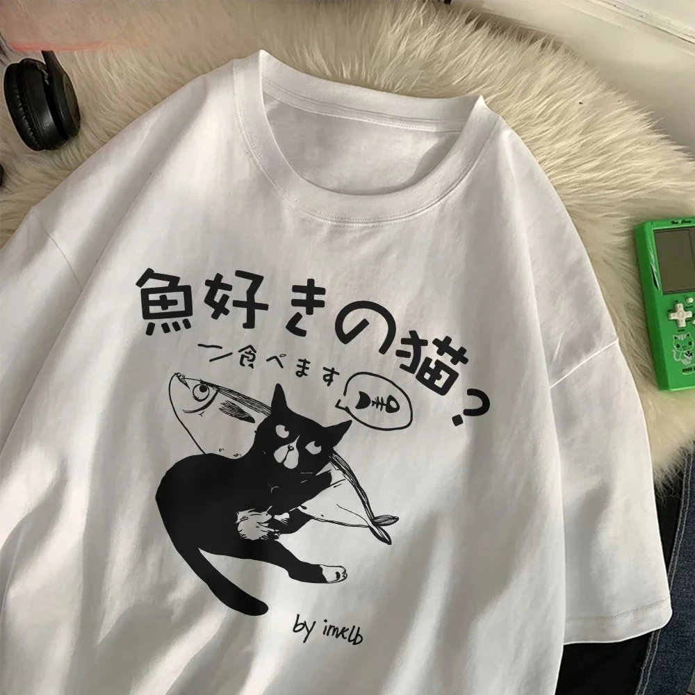 

Модная женская футболка в японском стиле с рисунком кота и рыбы, с коротким рукавом и круглым вырезом, свободная мягкая уличная одежда, топ Y2K