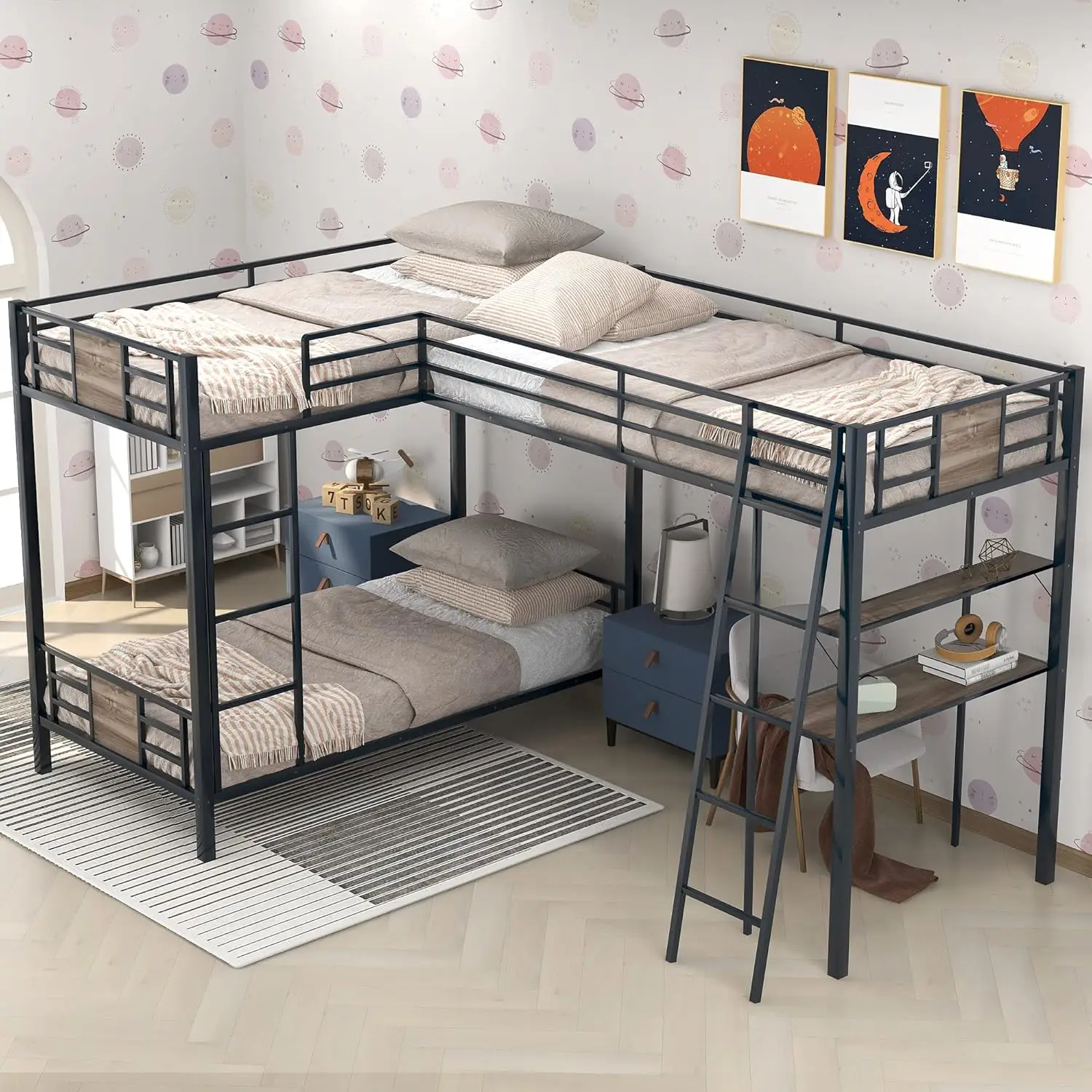 Metal Triple Bunk Bed With Desk And Shelf, L-Shaped Bunk Bed For 3 Kids Teens Adults, Twin Over Twin Bunk Bed With A Twin Size