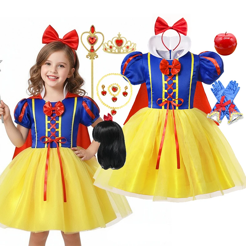 Snow White Princess Dress Kids Girl Costume With Cape Headwear Halloween Carnival Birthday Party Cosplay Children Clothing