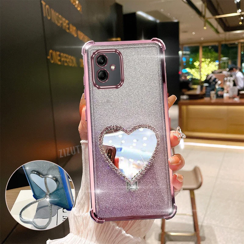 Love Heart Makeup Mirror Glitter Luxury Ring Phone Holder Case On For Samsung Galaxy M05 Girl Woman Used Anti-knock Cover