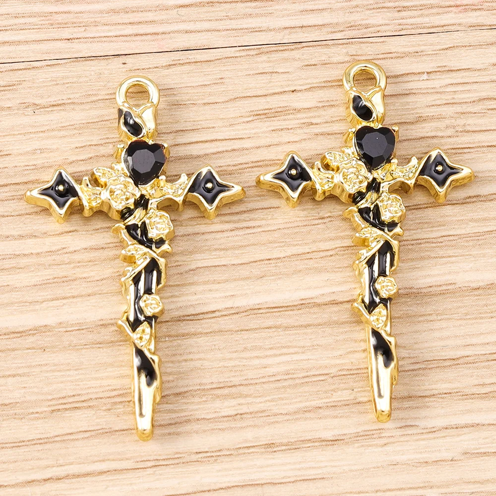 Tusember 5 Stück Metall Gothic Kristall Rosenblumen Kreuz Anhänger für Halsketten Ohrringe DIY Schmuckherstellung Zubehör – Detail 8