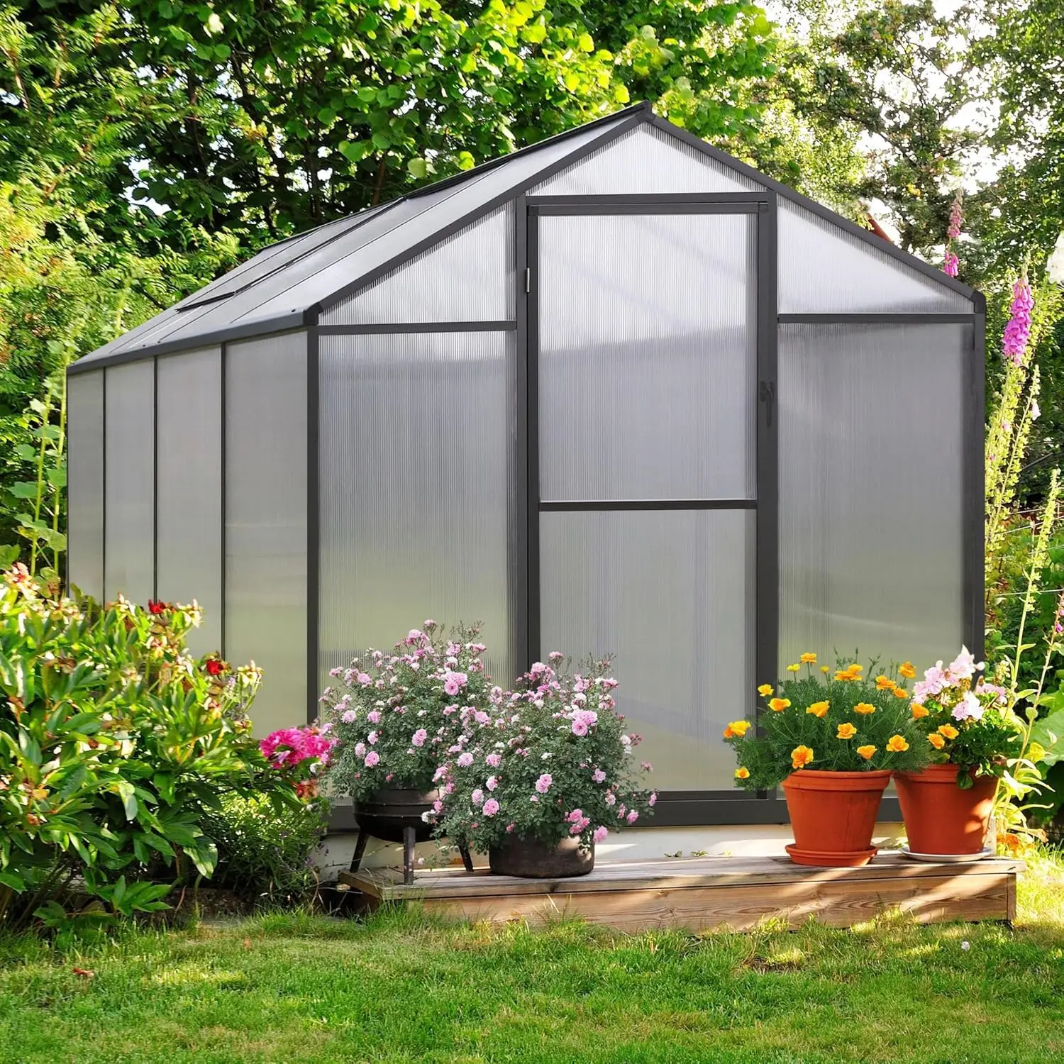 6X8 Ft Heavy-Duty Polycarbonate Aluminum Greenhouse Kit With Door And Adjustable Roof Vent For Outdoor, Garden, Lawn, Backyard