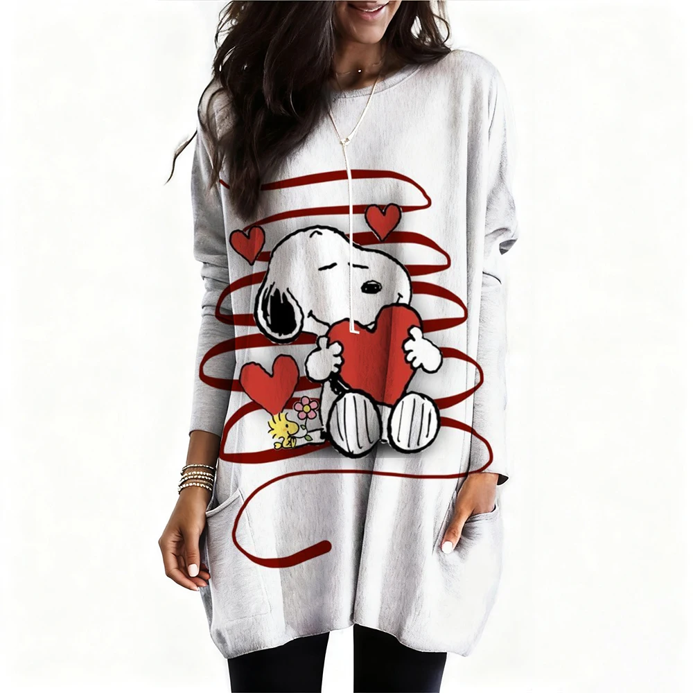 Snoopy imprimé T-Shirt femmes mode décontracté surdimensionné à manches longues T-shirt femmes vêtements hauts t-shirts tunique Mujer robe ﻿
