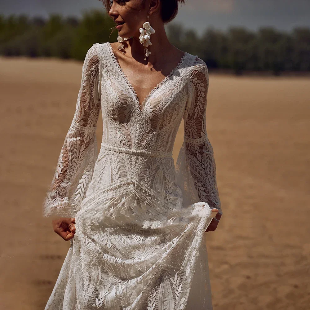Fashionable Retro A-Line Lace Embroidery Women's Wedding Dress Sexy V-Neck Backless Flared Sleeve Bridal Gown 2026 Customized