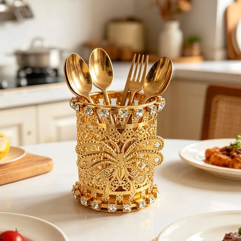 No-slip Hollow Out Pen Holder Luxury Rhinestone Decoration Desktop Storage Container Flower Elegant