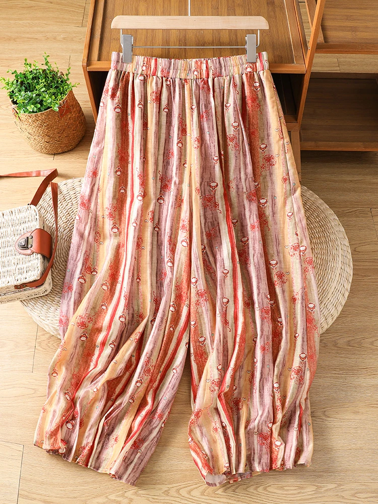 Retro Gradient Print Cotton Linen Women's Harem Pants Summer Loose Casual Elastic Waist Nine Points Lantern Pants