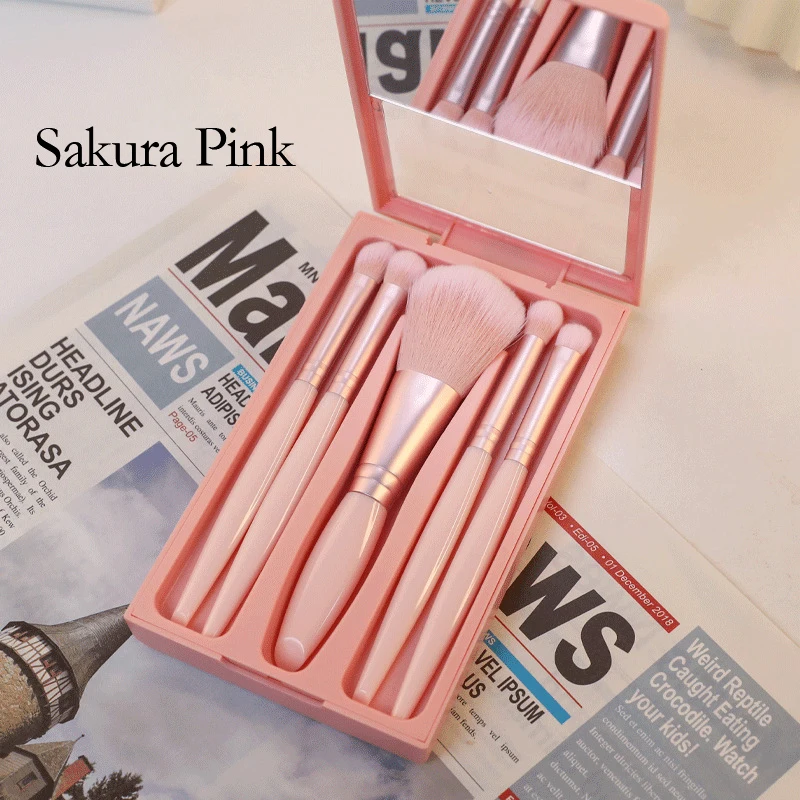 Conjunto de pincéis de maquiagem portátil com espelho para viagens - destaque labial, sombra e base em pó para mistura de ferramentas cosméticas