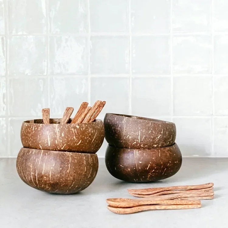 12-15cm Natural Coconut Bowl Set wooden Salad Ramen Bowl Coconut Wood Spoon Set Coco Smoothie Kitchen Tableware Coconut Bowl