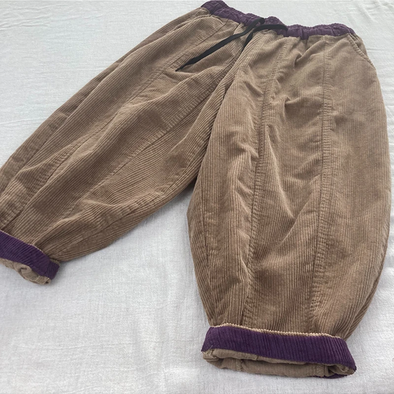 

2025 New Arrival Autumn Winter Women Loose Cotton Corduroy Patchwork Ankle-length Pants Casual Elastic Waist Bloomers Pants M86