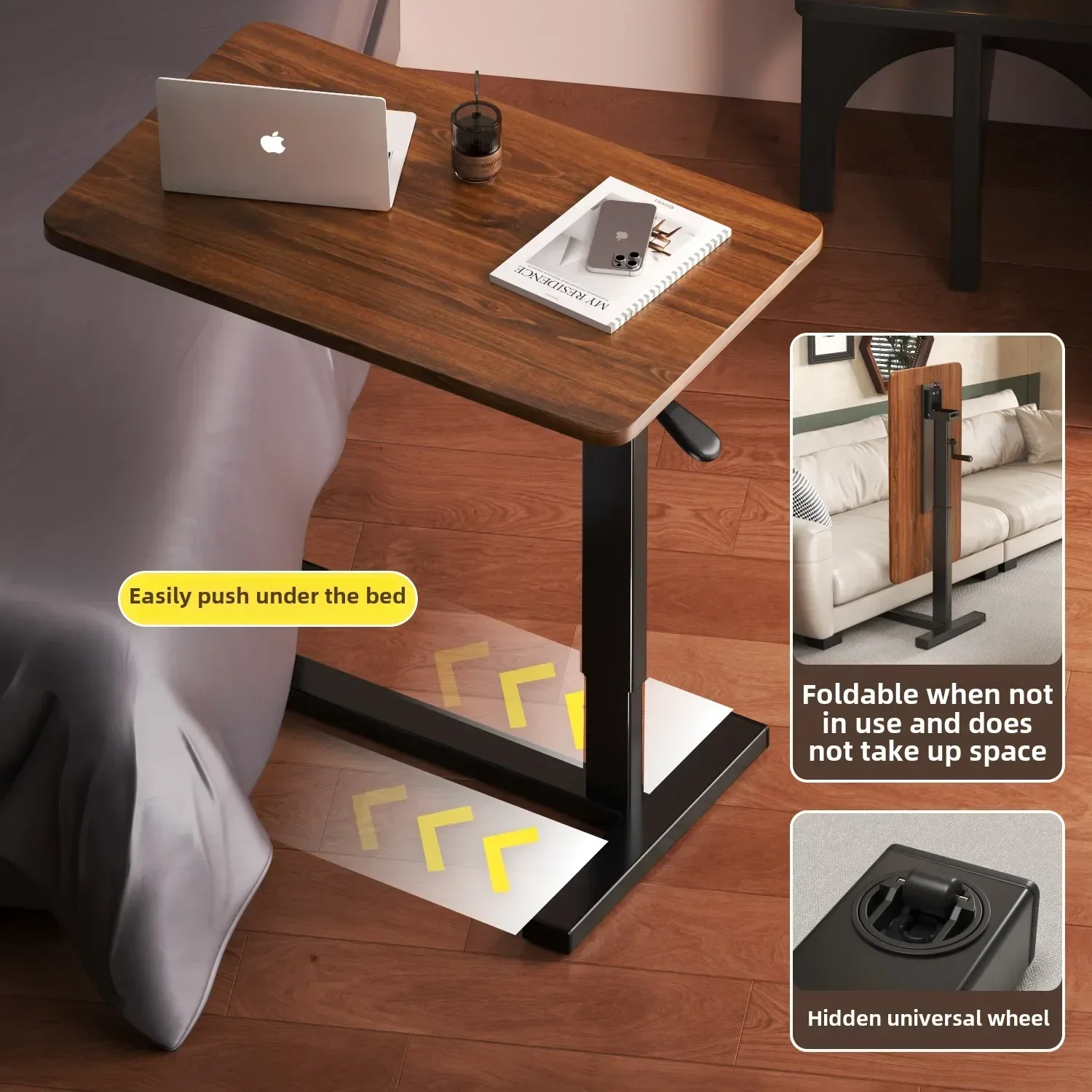 Multipurpose Adjustable Bedside Table with Pneumatic Lift, Foldable Desk for Renting Rooms and Mobile Use