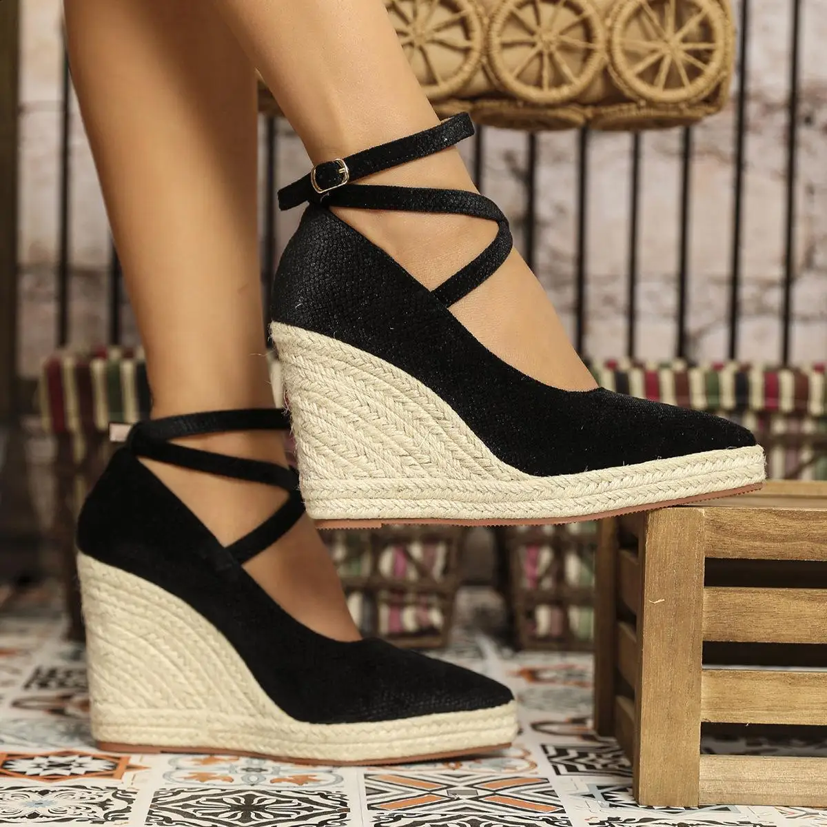 Woman Sexy High Heels Shoes Basketball Platform Pointed Pumps Clogs On A Wedge Crossdressers Straps Thick Beige Toe 3cm Casual