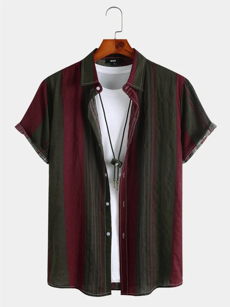 Men's 1970s Tops Vintage Striped Textured Short Sleeve Button Up Shirt 2026 Office Male Lapel Collar Fashion New Oversized Tunic