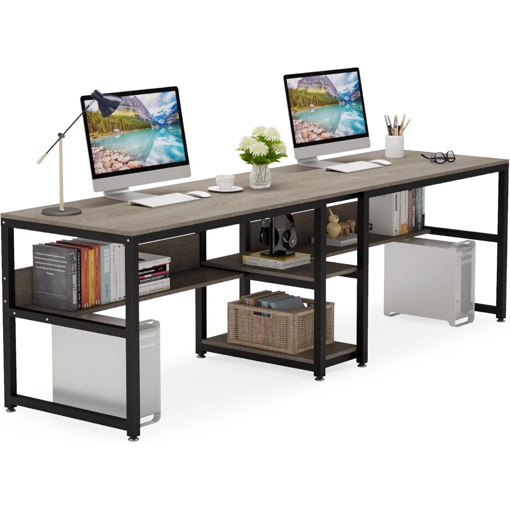 

Two Person Desk with Bookshelf, 78.7 Computer Office Double Desk for Two Person,Shelf for Home Office (Grey)