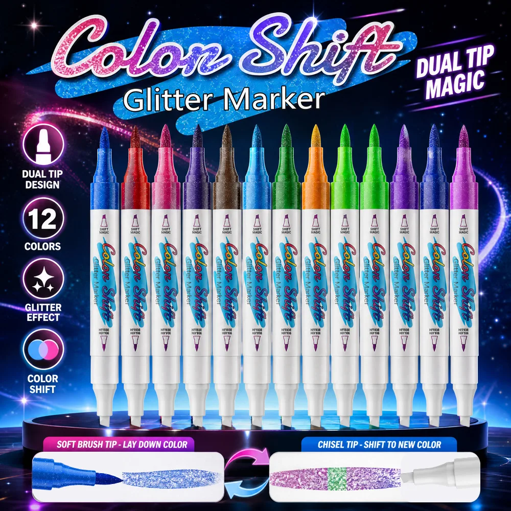 12 Colors Dual-Tip Color-Changing Glitter Marker Set Water-Based Pens for DIY Journaling Drawing And Graffiti Art