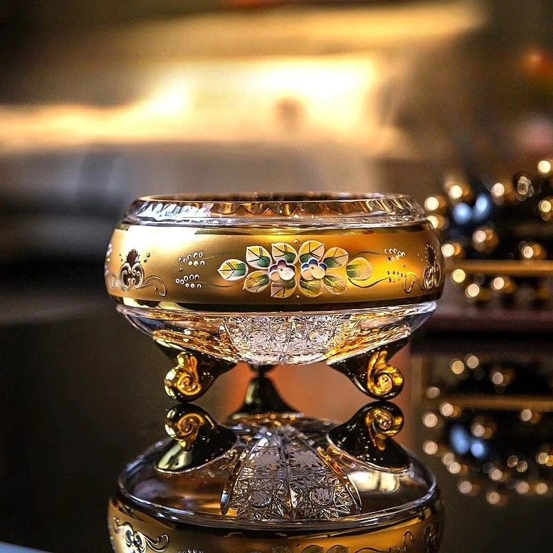 Gold enamel flower crystal glass fruit plate candy dried fruit snack melon fruit pot fruit bucket