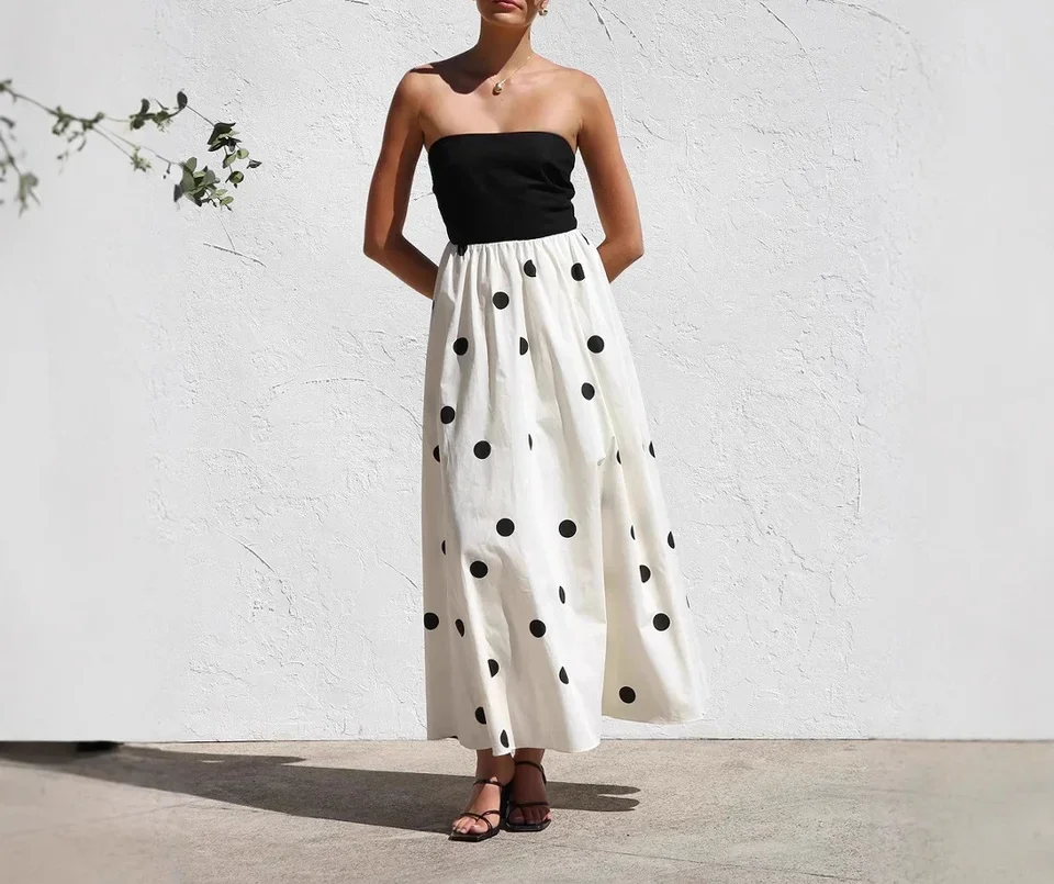 New Style Polka Dot Print Splicing Chest Wrapping Temperament A Pendant Long Dress