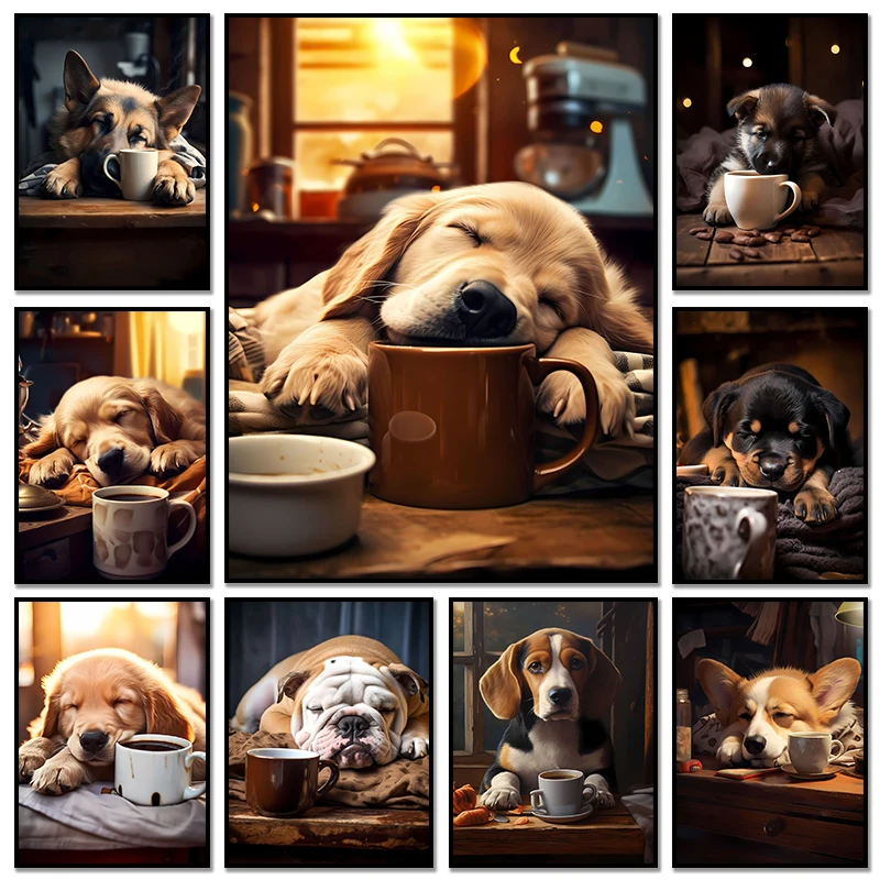 Funny Animal Cute Dogs Golden Retriever French Bulldog Pup Coffee Poster Print Canvas Painting Wall Art Kitchen Room Home Dec