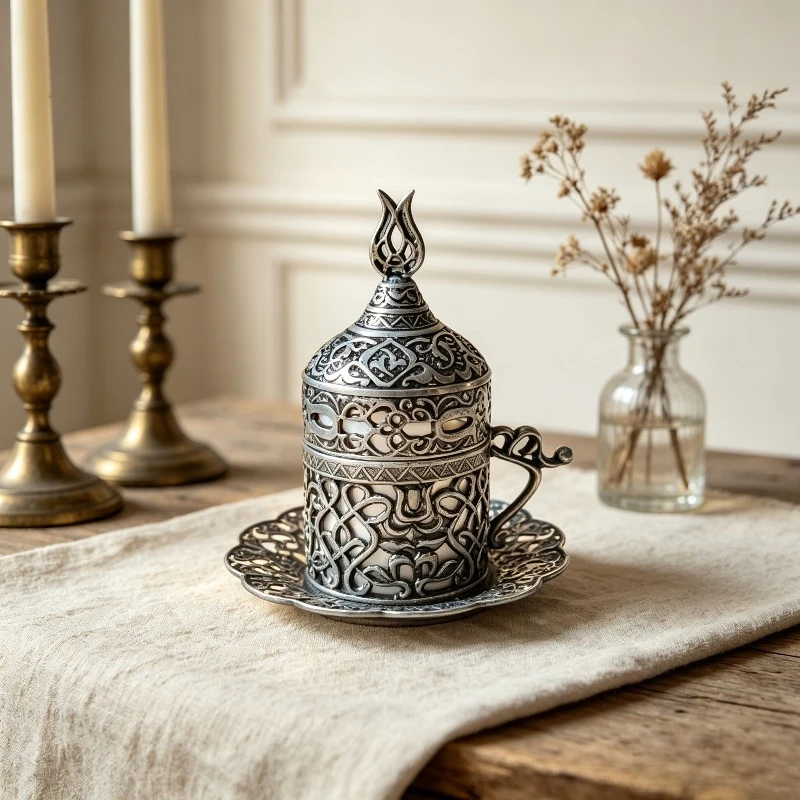 Turkish Vintage Silver Coffee Cup Handcrafted Euro Palace PourOver Gift Mug Set Retro Elegant Metal Super Antique Fine Bar Table