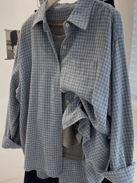 Retro Blue Plaid Flocking Shirt Loose Long Sleeve Women's Outerwear Spring Autumn New Style Trendy Top Casual Loose Fit