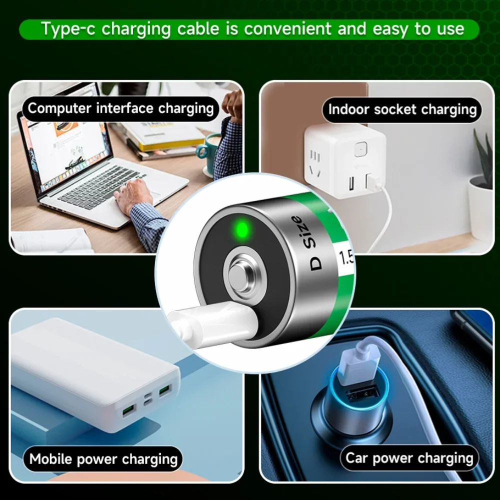 1.5V USB LR20 Battery Rechargeable R20 15000mWh D Size Type Batteries + Type-C Cable for Gas Appliances Liquefied Cooker Li-ion