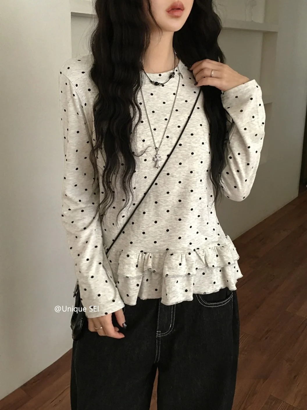 Korean Style Sweet Polka Dot Round Neck Slimming Ruffled Long Sleeved T-shirt Top For Women