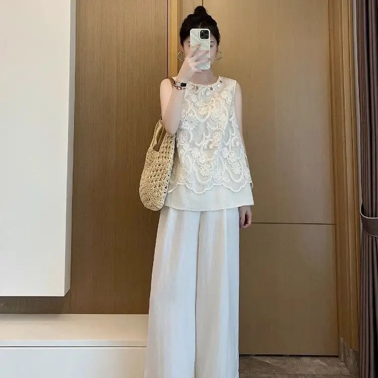 New High End Fashion Summer 2 Piece Set Women Casual Jacquard Embroidery Lace Patchwork Sleeveless Top + Wide Leg Pants Sets
