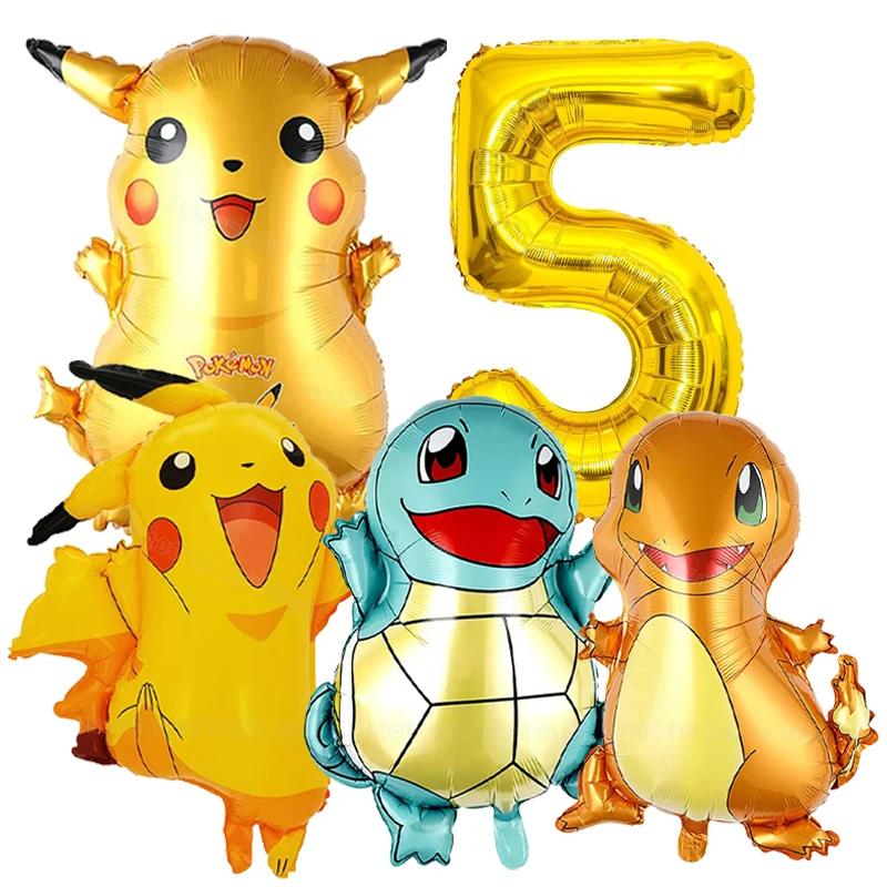 Set de 5 Globos de Anime Pokémon con Números del 1 al 10, Globos de Aluminio con Diseño de Pikachu, Decoración para Baby Shower