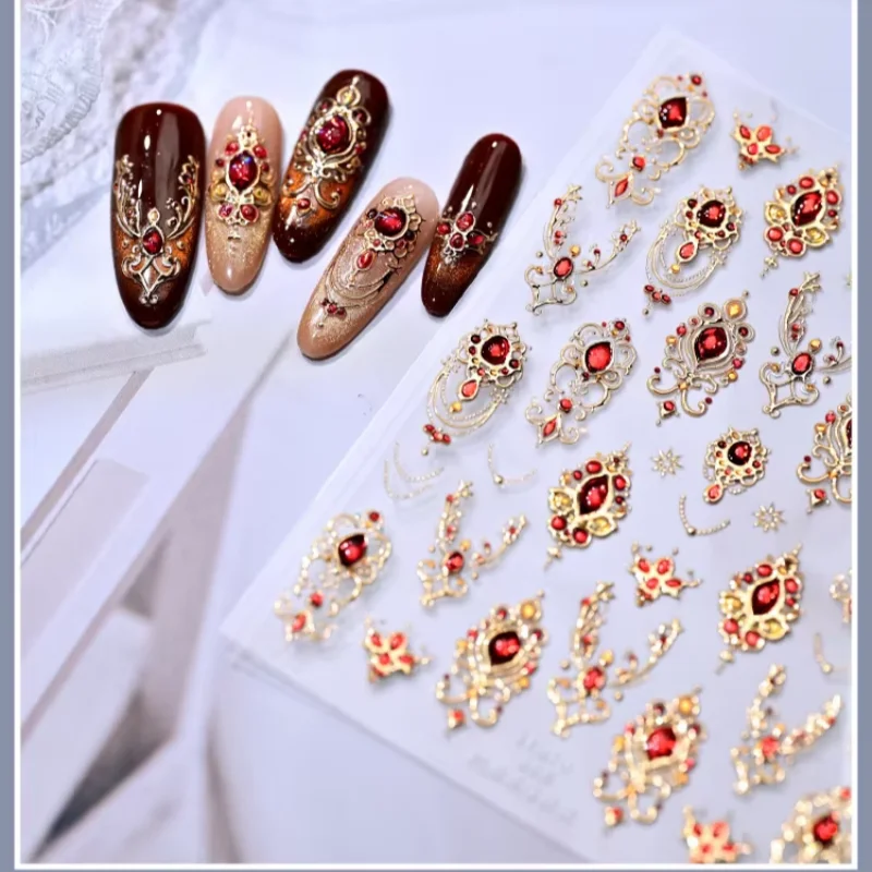 Vintage Baroque Scepter Embossed Nail Stickers–Luxury Imitation Gem Rhinestone Decals，Gold Foil Press On Nail Art Supplies,DIY