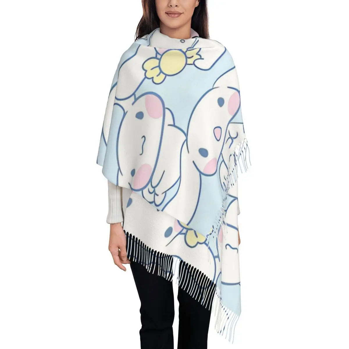

Милый мультяшный шарф Cinnamoroll для женщин, зимняя Осенняя шаль, большие шарфы с кисточкой для повседневной носки