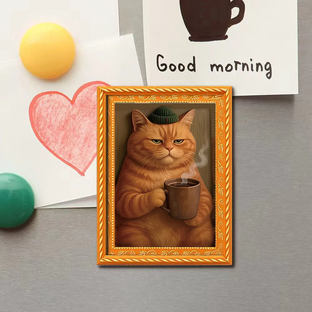 1 aimant de réfrigérateur vintage rétro, représentant un chat orange corpulent portant un bonnet tricoté et tenant un café chaud, un aimant artistique de chat paresseux et apaisant, adapté pour décorer les réfrigérateurs, les armoires de rangement et les tableaux blancs, un cadeau chaleureux pour les amoureux des chats