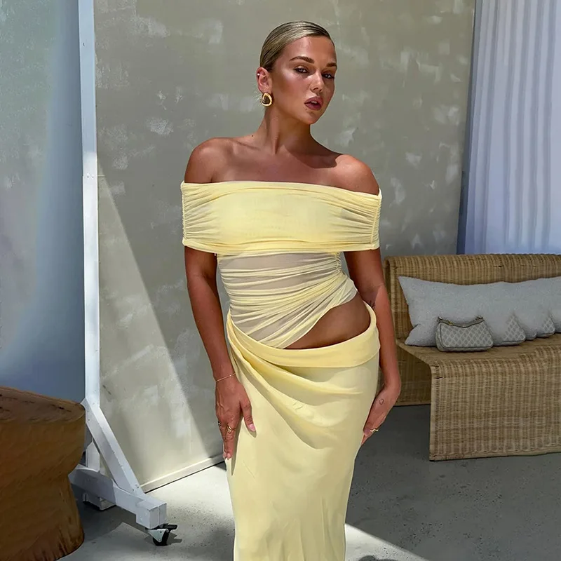 Elegant Chic Off Shoulder Pleated Dress Women‘s Sexy Sleeveless Hollow Out Backless Maxi Dress 2025 Summer Fashion Party Evening