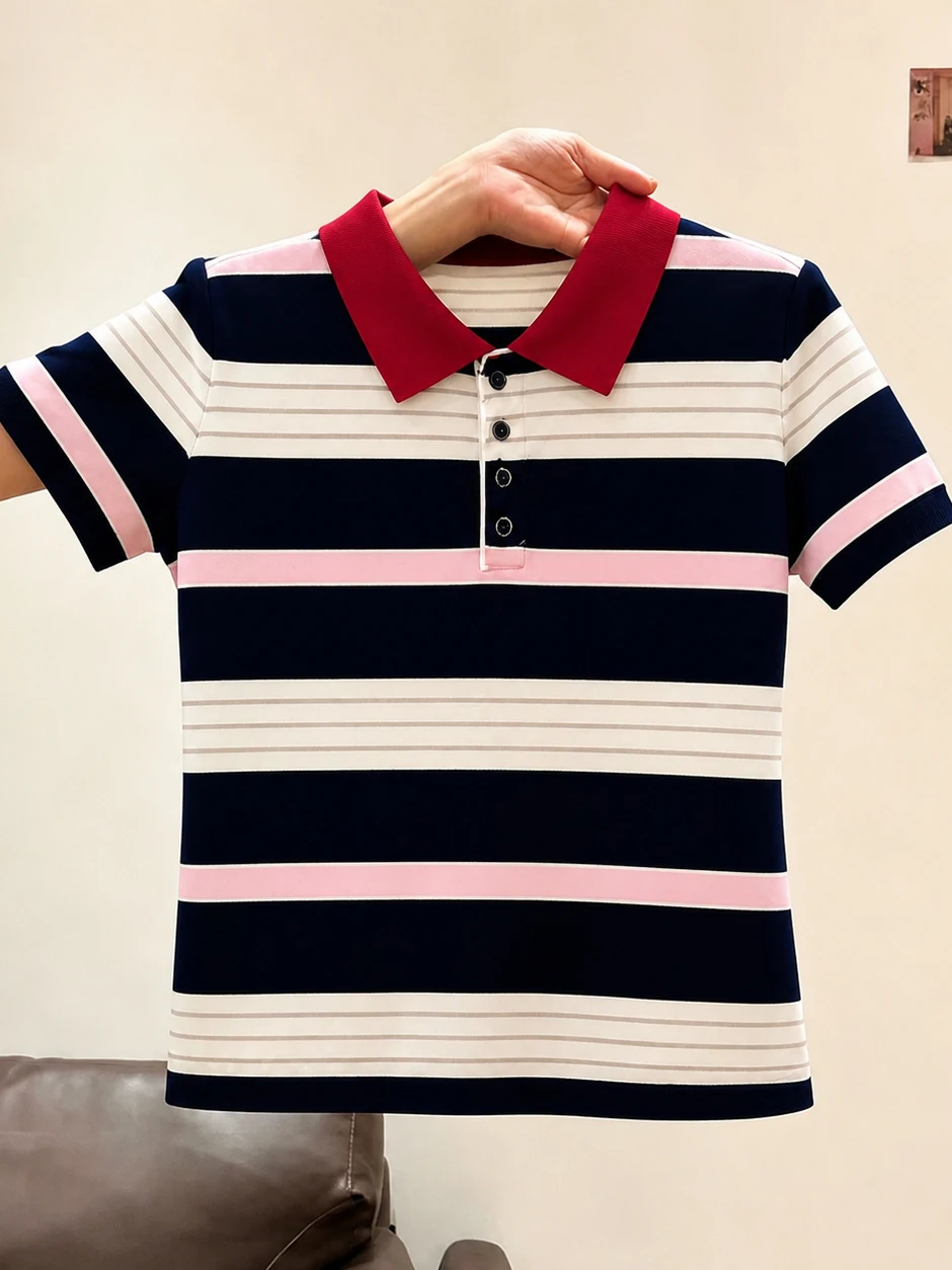 

Summer 2026 Commute Neck Short Sleeve Knitted Shirt Color Block Stripe Unique Korean Style Youthful Top Silk Material
