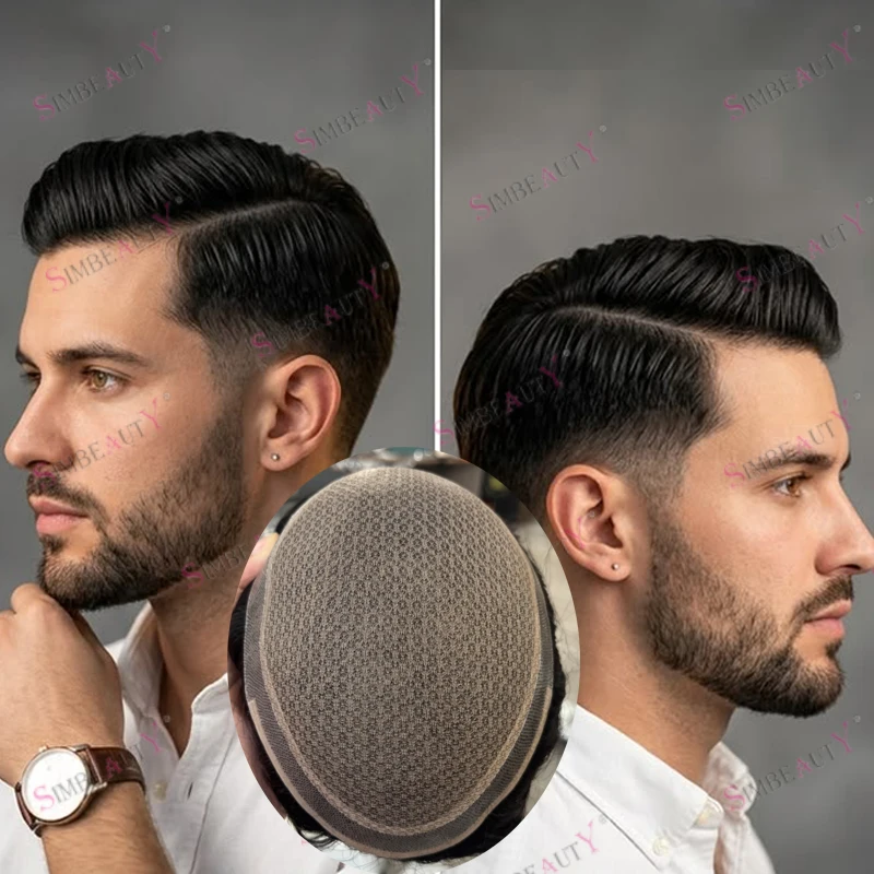 Baldness Men Super Durable 100% Human Hair Natural Hairline Toupee Hair Replacement System Undetectable Silk Top Fake Scalp Wigs