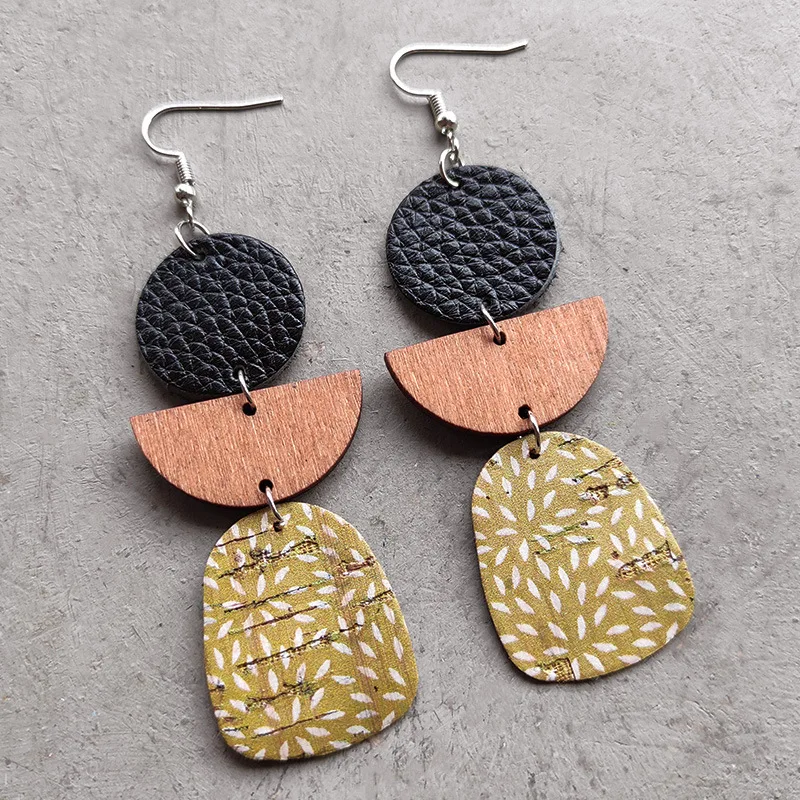 Retro Geometric Leather Cork and Wood Earrings for Women Boho Cork Leopard Pattern Bohemian Earrings Jewelry Friend Wife Gift