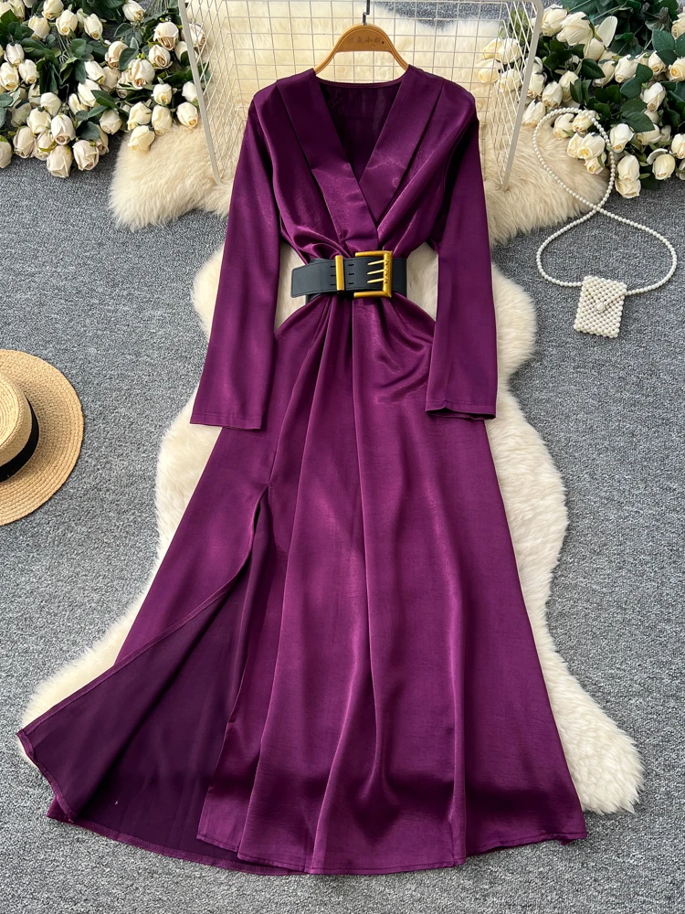 エレ レディース ロング ドレス 2025 秋新作 ハイエンド感 ベルト付き ウエスト Vネック スリット入り サテン Aラインスカート 通勤