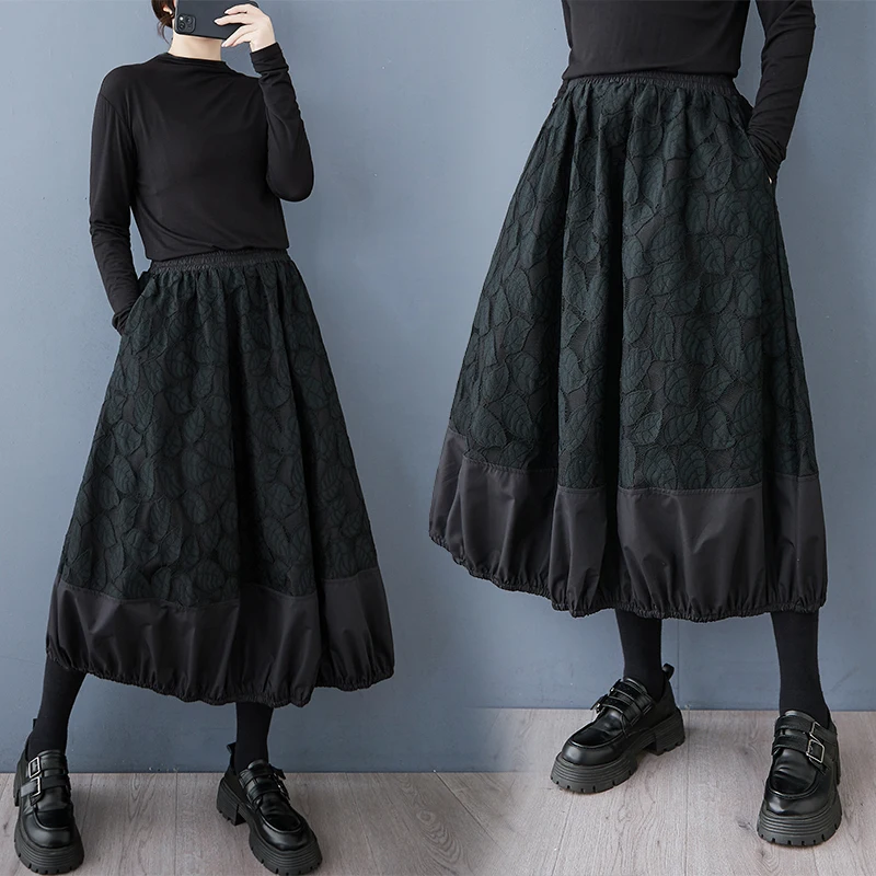 الرجعية Bla تصميم فريد f-طول تنورة المرأة ربيع الخريف Faionable منتفخ تنورة ميدي زهرة برعم تنورة #1