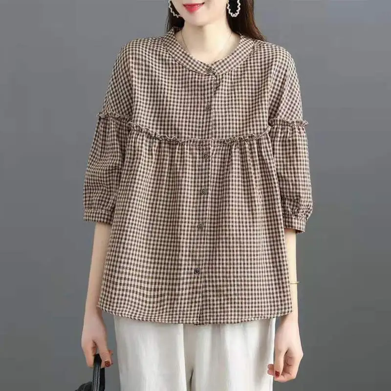 

New 2025 Linen-Like Shirts for Women, Korean Style Three-Quarter Sleeve Blouse, Oversized Casual Plus Size Top with Stand Collar