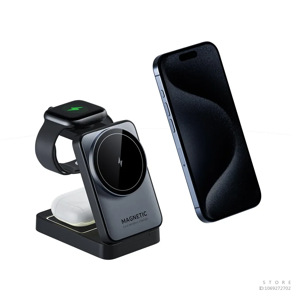 Foldable Magnetic 3 in 1 Wireless Charger Holder with Night Light for IPhone 15 14 13 Pro Max, Airpods and Iwatch Fast Charger image 2