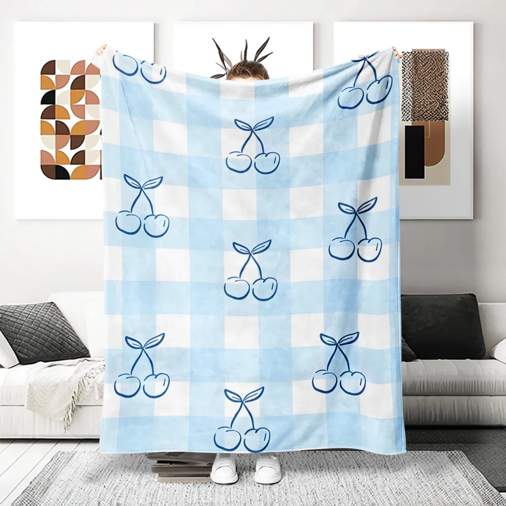 Blue Gingham Cherries Line Flannel Blanket Soft Cozy Throw Blanket for Bed Sofa Couch Fuzzy Plush Bed Cover