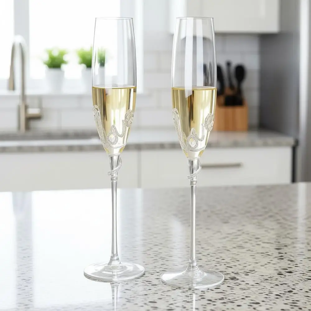 

Набор из 2 бокалов для шампанского ручной работы с металлическим декором - подарки на день рождения, свадьбу, День матери - 6 унций (шик, серебро)