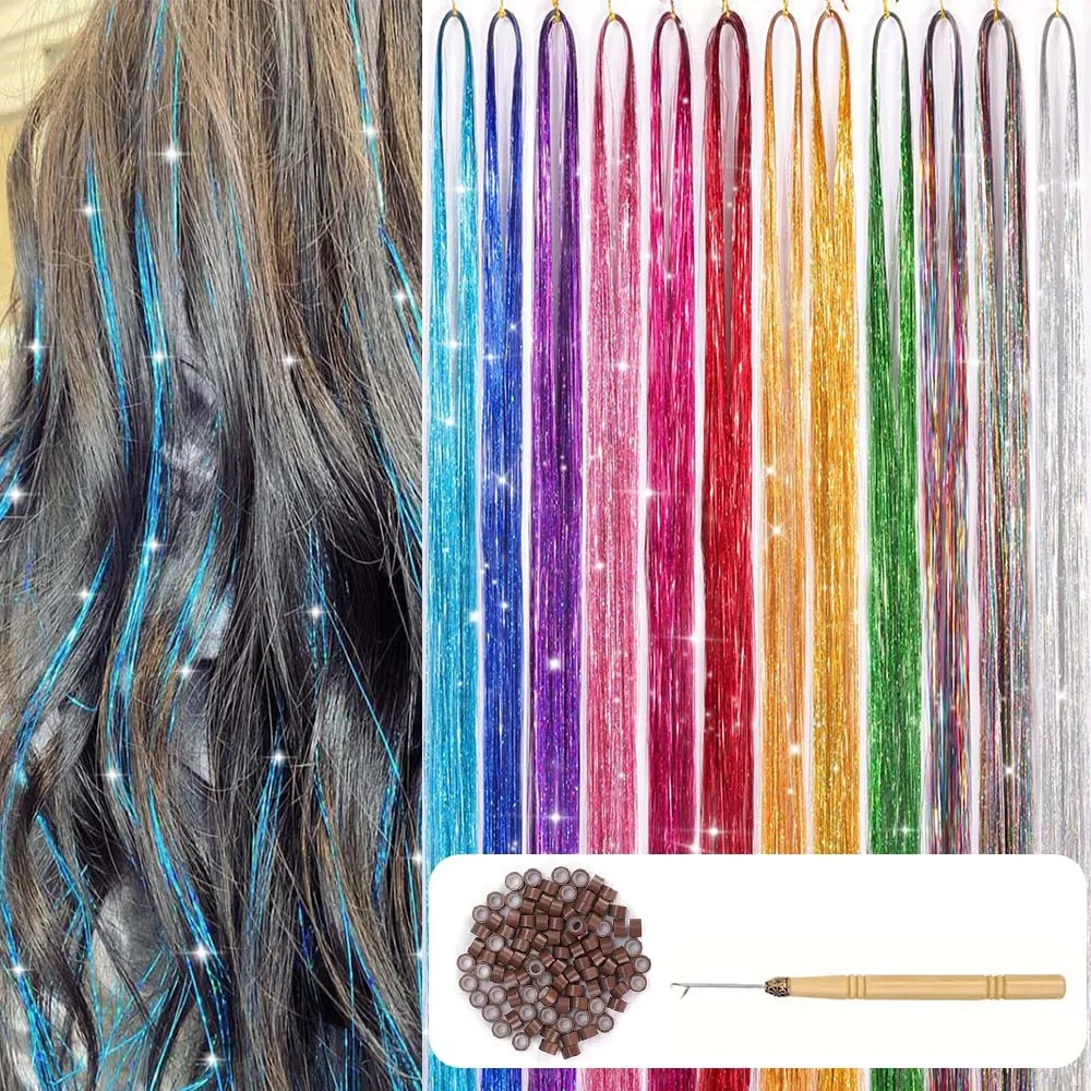 

12 шт., комплект из синтетической мишуры для волос, термостойкие сверкающие блестящие мишуры для волос, сказочные волосы, 12 цветов, пряди мишуры, мелирование