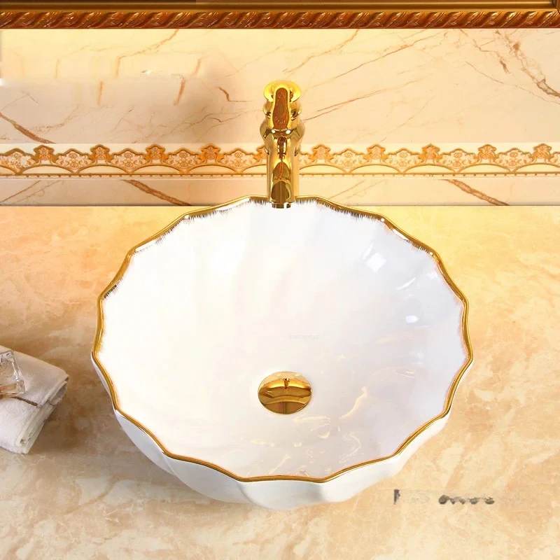 

European Round Bathroom Sinks for Home Ceramic Bathroom Washbasins Luxury Art Basin Fashion Washing Sinks Hotel Gold Table Basin