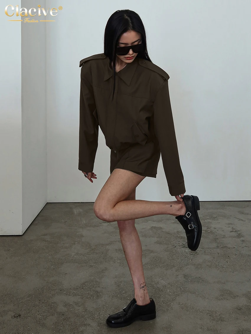 Clacive Fashion Loose Brown 2 Piece Set Women 2025 Elegant Long Sleeve Crop Top With High Waist Shorts Set Female Streetwear